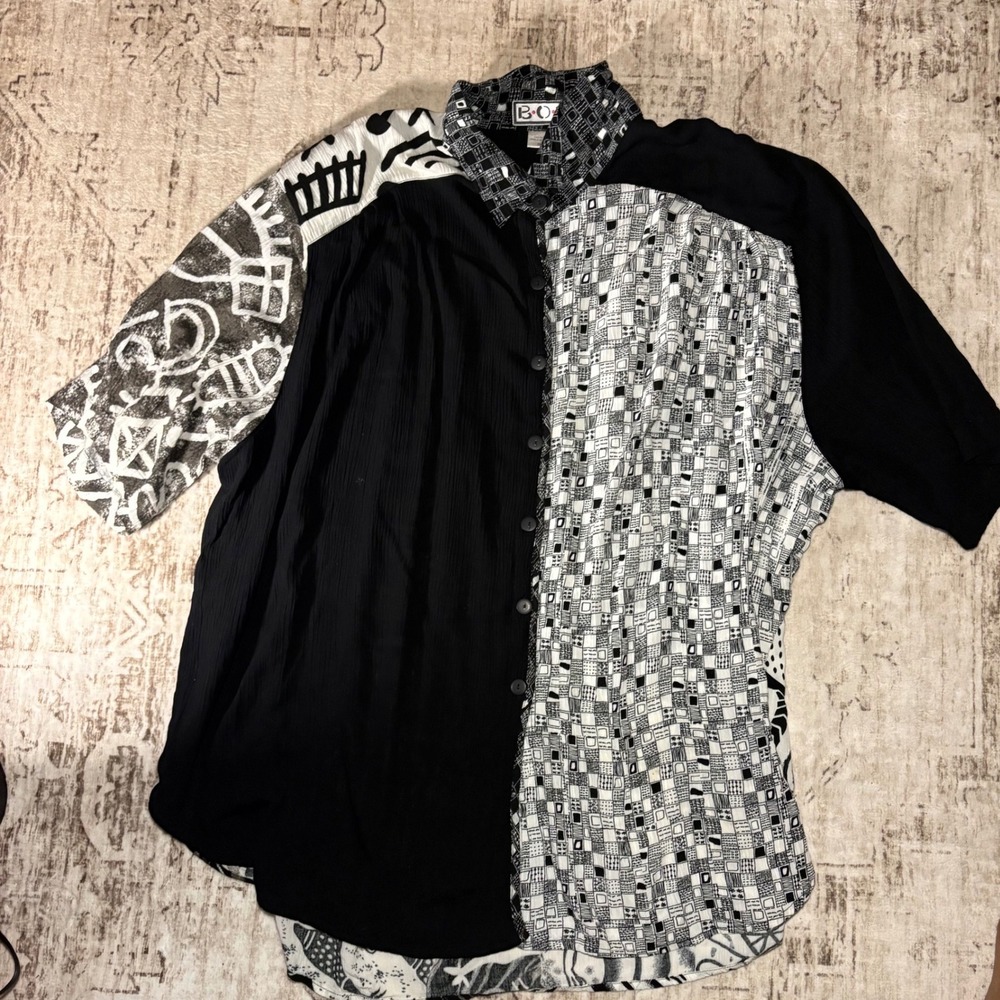 B.O.P. Vintage Mixed Print Button Up Shirt Black White Abstract Tribal Rayon 3X